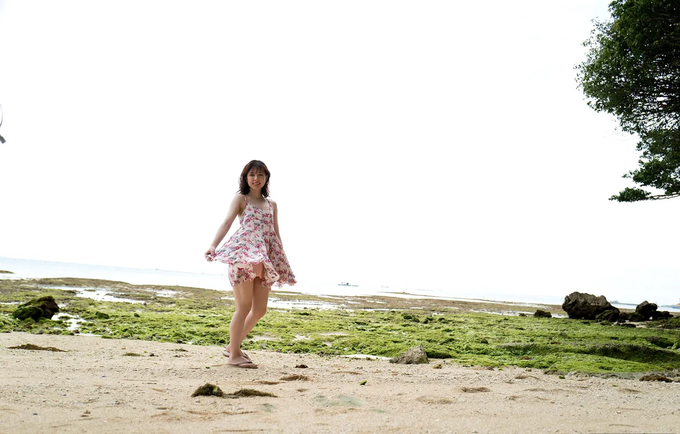 Photo wallpaper beach, woman, smile, model, shore, asian, japanese, outdoor