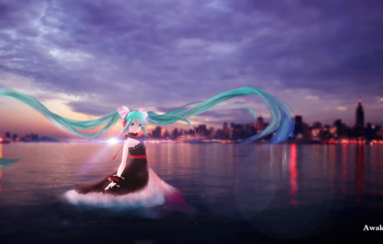 Photo wallpaper the sky, water, girl, clouds, sunset, the city, home, anime