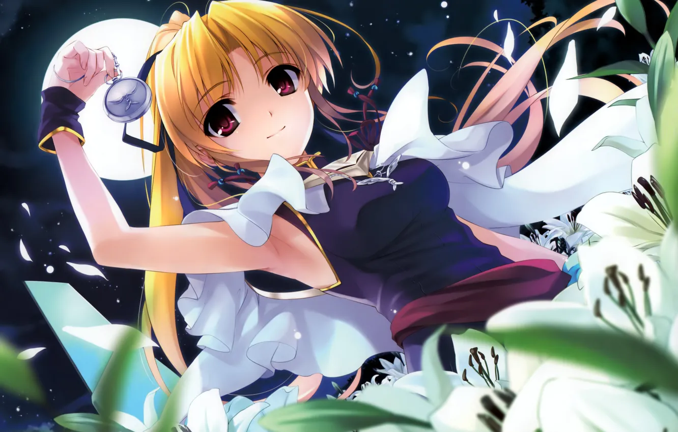 Photo wallpaper girl, flowers, night, the moon, Lily, watch, art, misaki kurehito