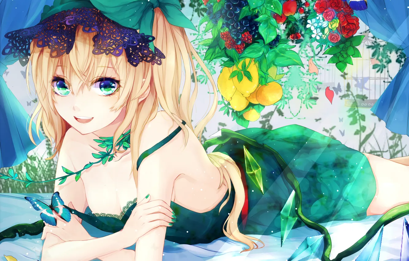 Photo wallpaper look, girl, joy, flowers, butterfly, wings, touhou, art