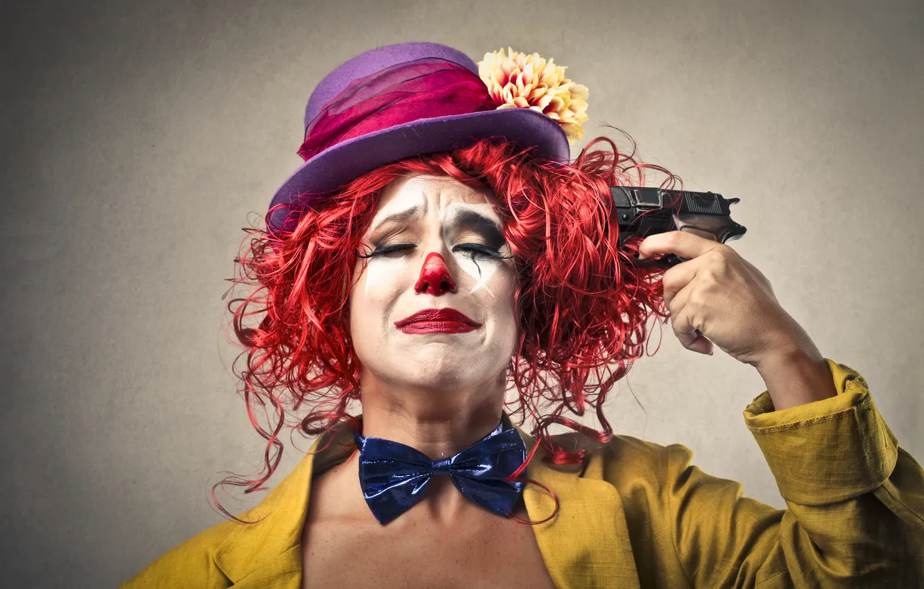 Photo wallpaper gun, hat, clown, bow, suicide, gun, sad, hat