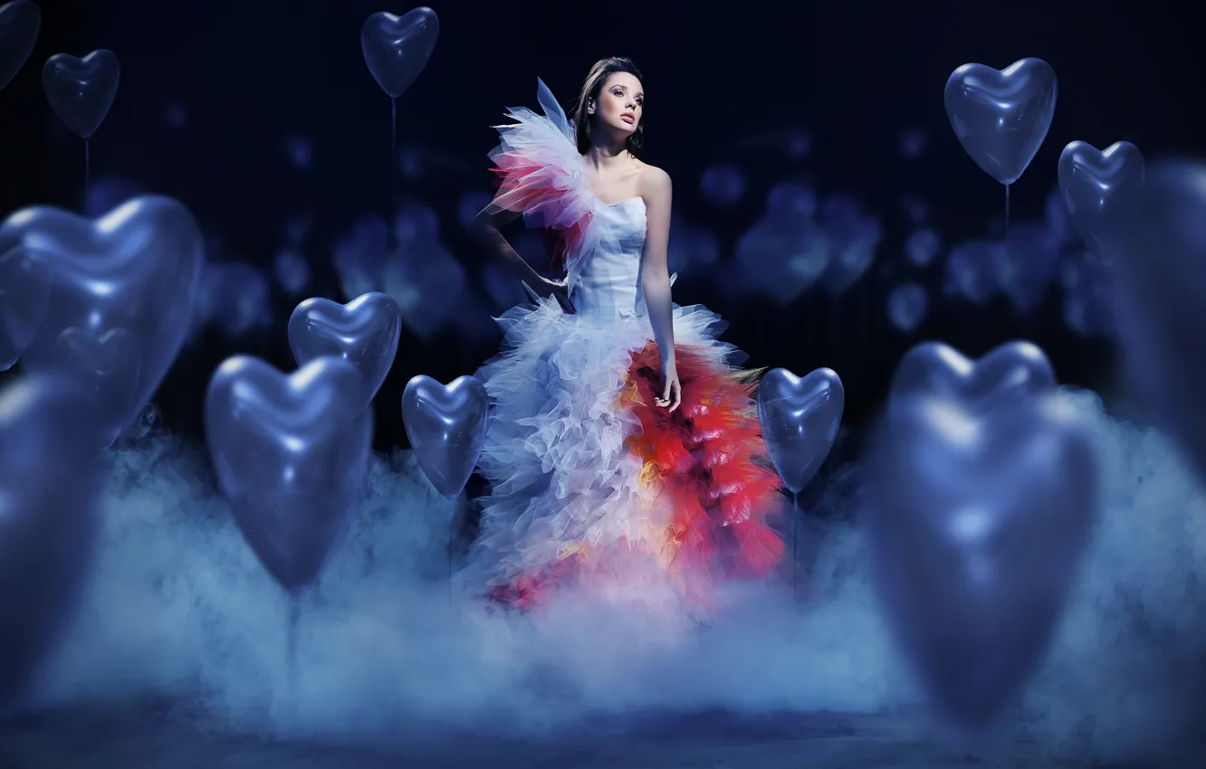 Photo wallpaper girl, balls, balls, smoke, dress, brunette, hearts