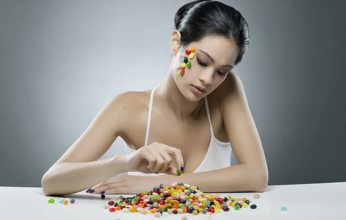 Photo wallpaper colors, girl, asian, portrait, jelly beans