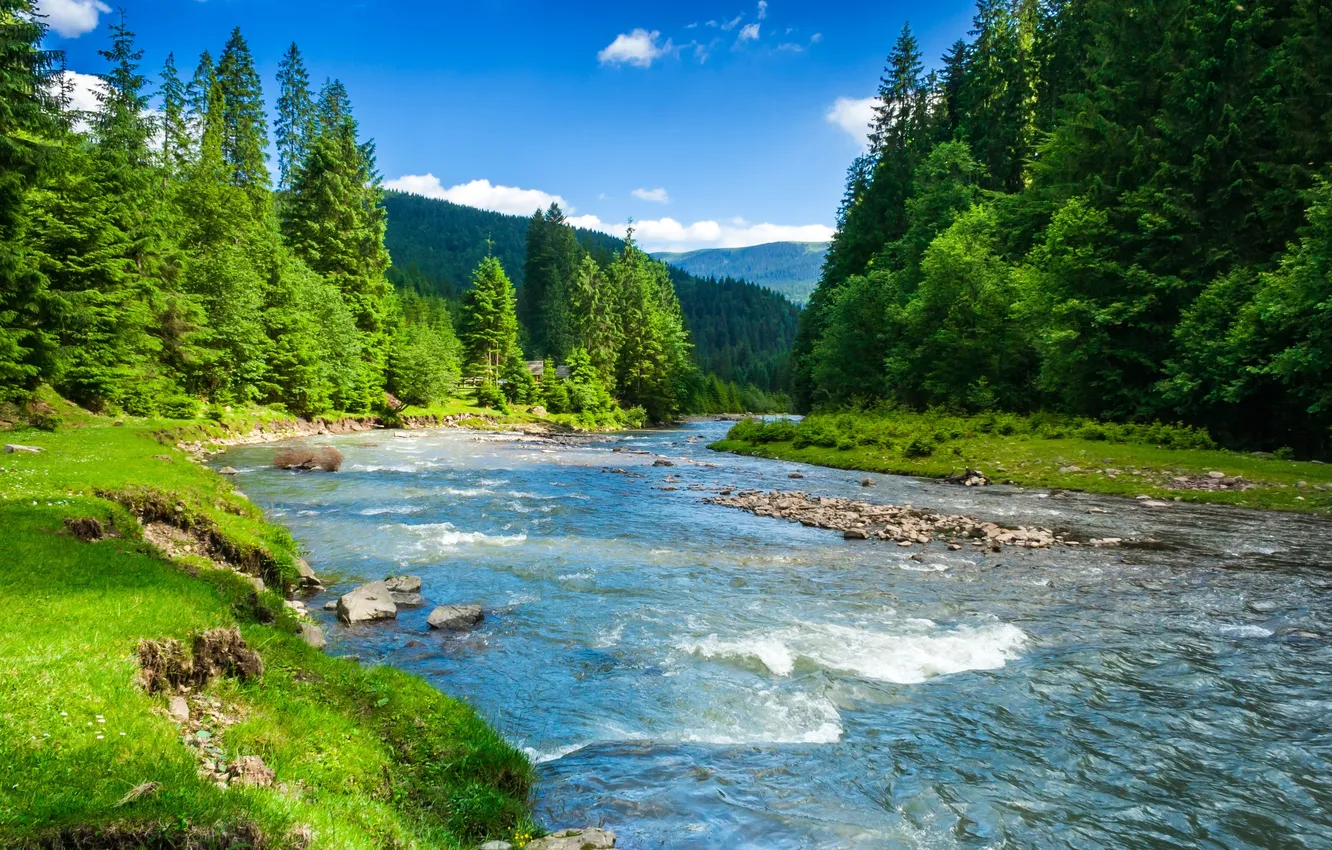 Photo wallpaper greens, grass, trees, landscape, mountains, nature, river, stones