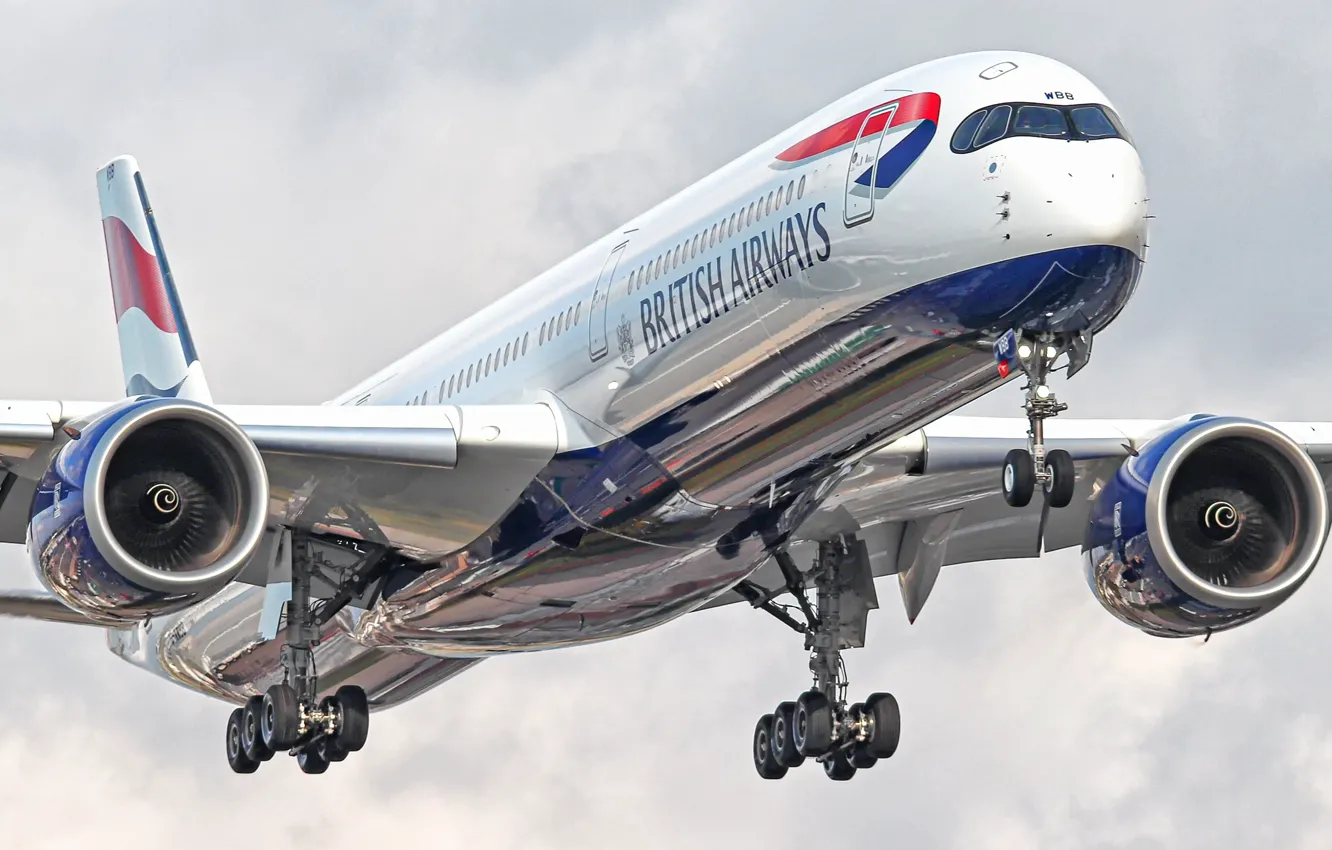 Photo wallpaper The plane, Liner, Landing, Airbus, British Airways, Airbus A350-900, Chassis, A passenger plane