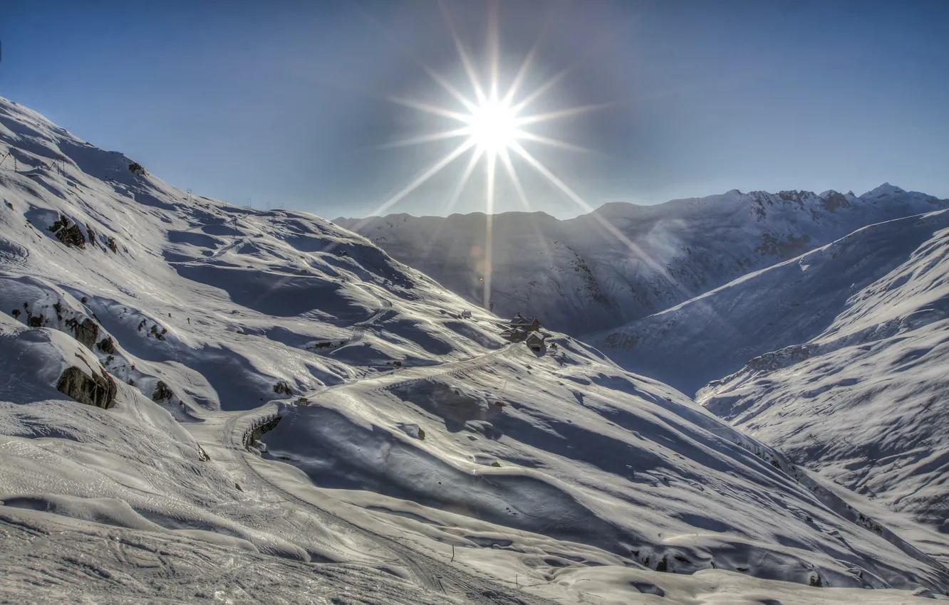 Photo wallpaper the sun, rays, light, snow, mountains, home