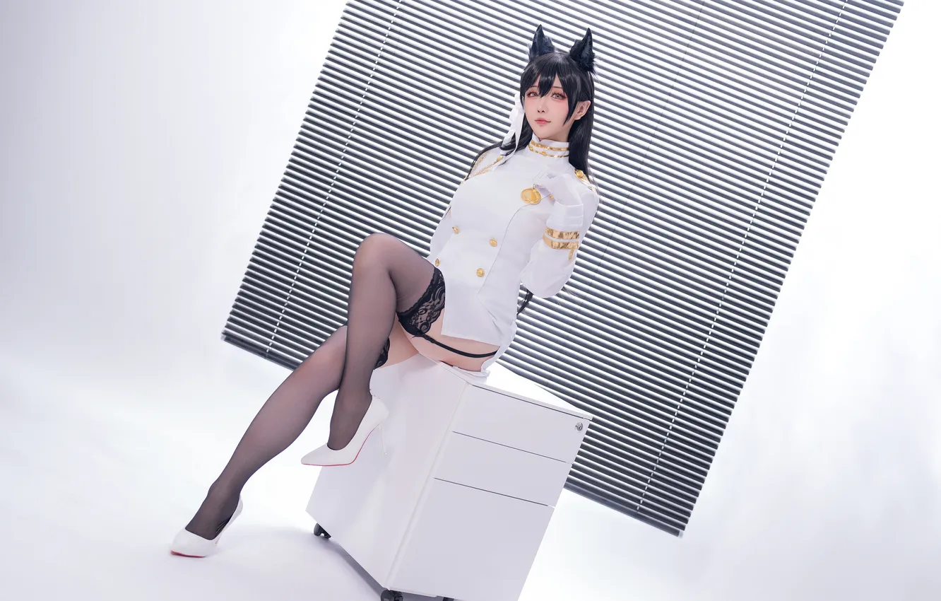 Photo wallpaper model, women, cosplay, brunette, sitting, bent legs, women indoors, pointed toes