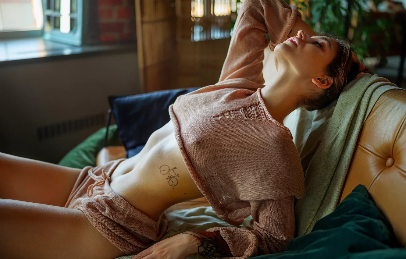 Photo wallpaper girl, bike, pose, figure, tattoo, closed eyes, Marina, Ivan Kovalev