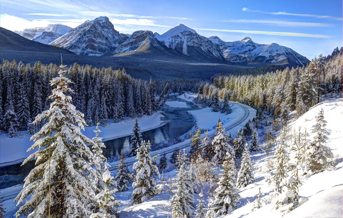 Photo wallpaper winter, forest, the sun, snow, trees, mountains, river, Canada