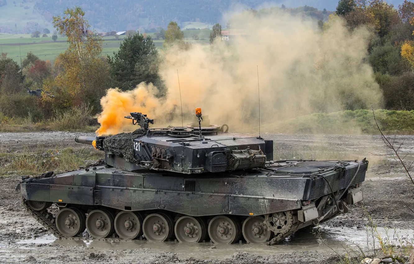 Photo wallpaper tank, exercises, Leopard 2A4, Leopard 2A4, smokescreen