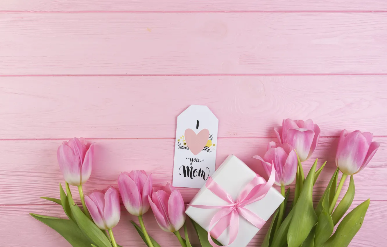 Photo wallpaper holiday, gift, tape, tulips, box, wood, gift, Mother Day