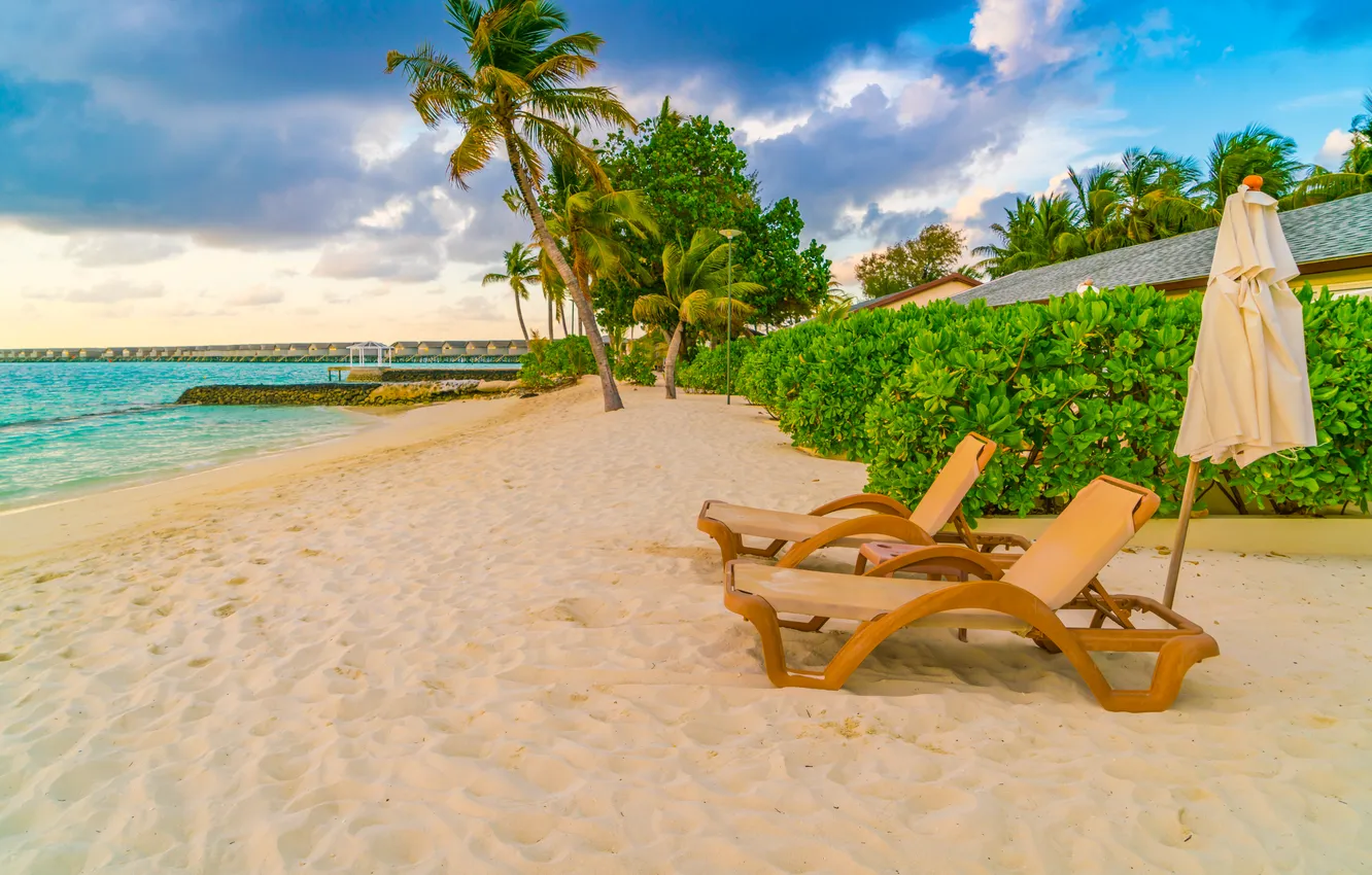 Photo wallpaper sand, sea, wave, beach, summer, the sky, palm trees, shore