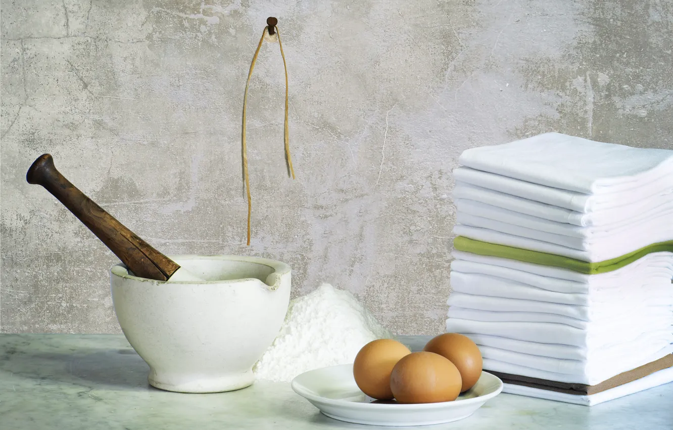Photo wallpaper eggs, towel, stack, nails, flour, mortar