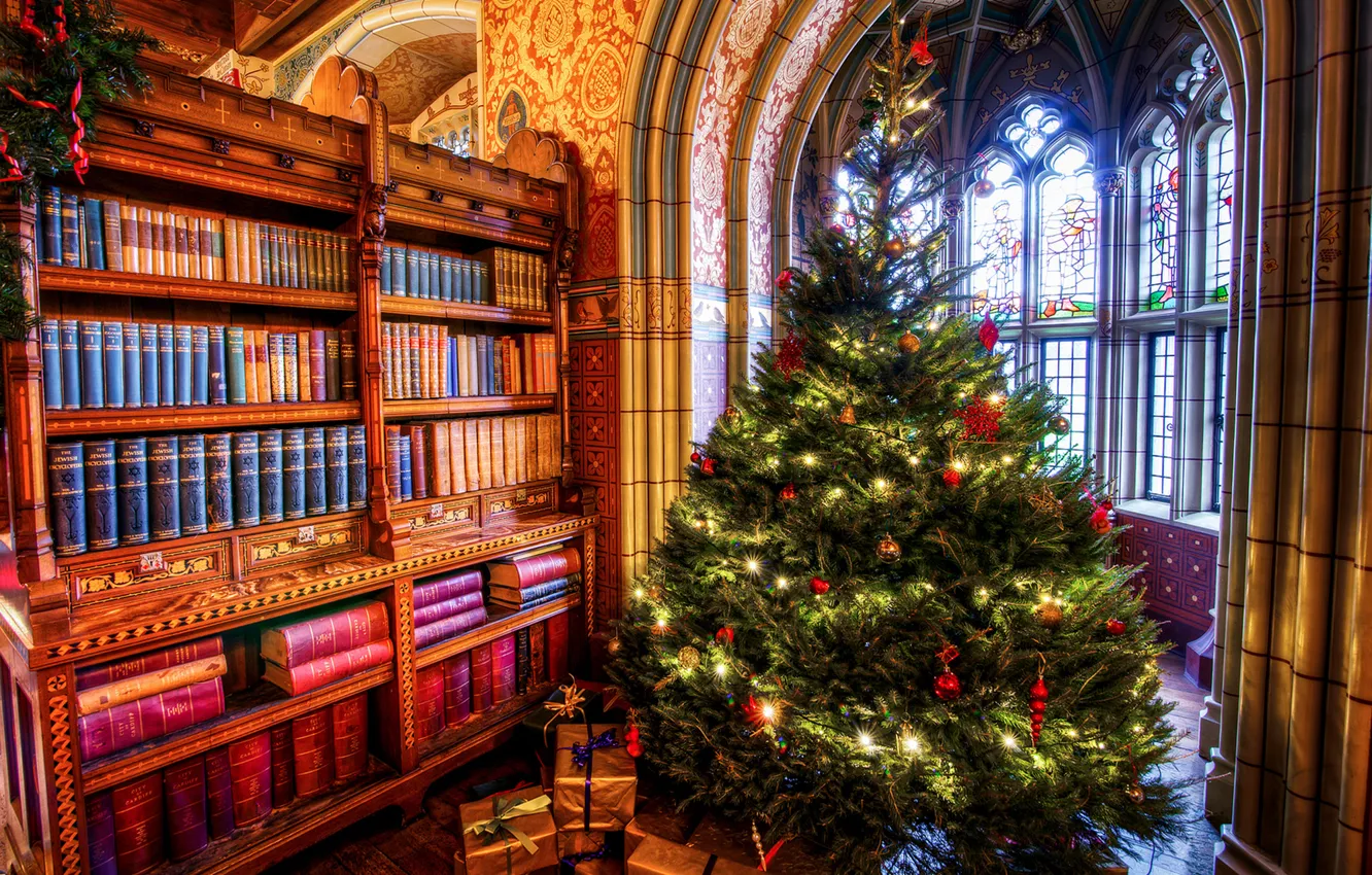 Photo wallpaper room, books, tree, window, Christmas, gifts, arch, New year