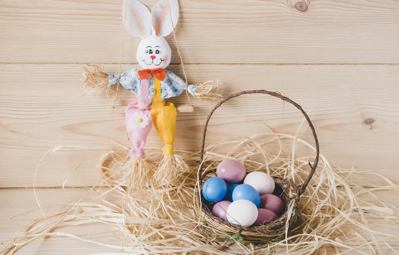 Photo wallpaper holiday, toy, eggs, rabbit, Easter, hay