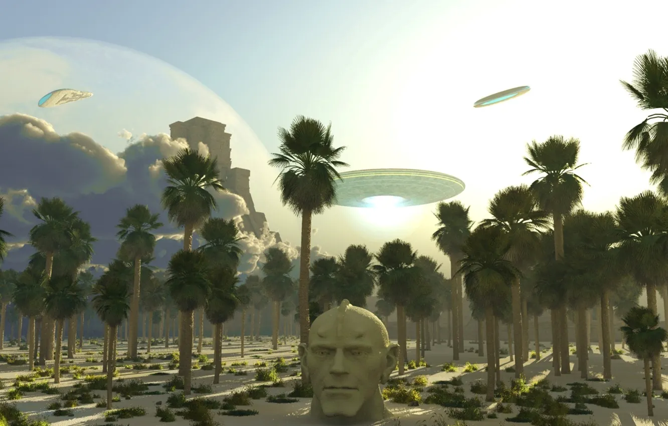 Photo wallpaper sand, the sky, mountains, palm trees, tower, UFO, head, the bushes