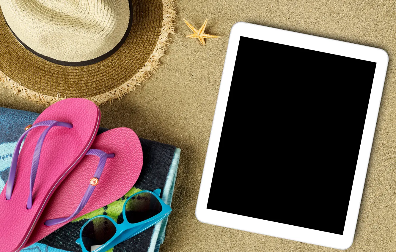 Photo wallpaper beach, summer, stay, hat, glasses, summer, tablet, beach
