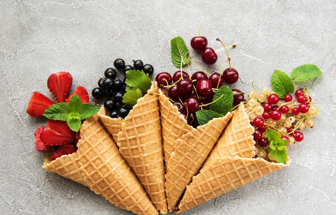 Photo wallpaper berries, fruit, waffle cone