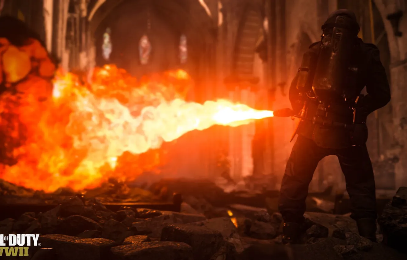 Photo wallpaper Call of Duty, Fire, Weapon, Flamethrower, Soldier, COD 2017, Call of Duty: WW2, WWll