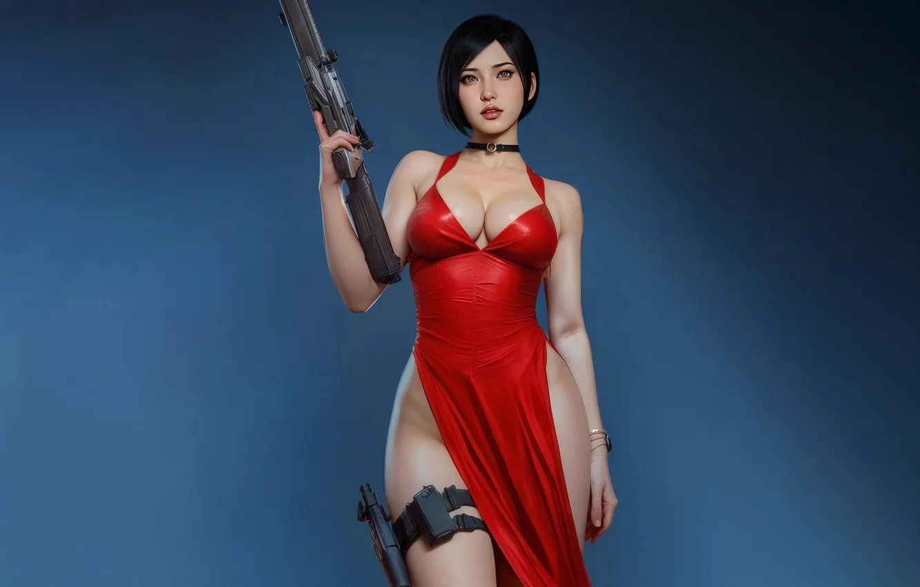 Photo wallpaper brunette, red dress, hips, Ada Wong, neckline, Resident Evil 2 Remake, video game girls, Resident …