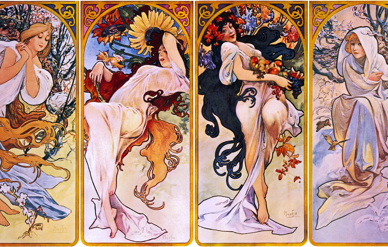 Photo wallpaper winter, autumn, summer, seasons, spring, 1895, Alphonse Mucha, Seasons