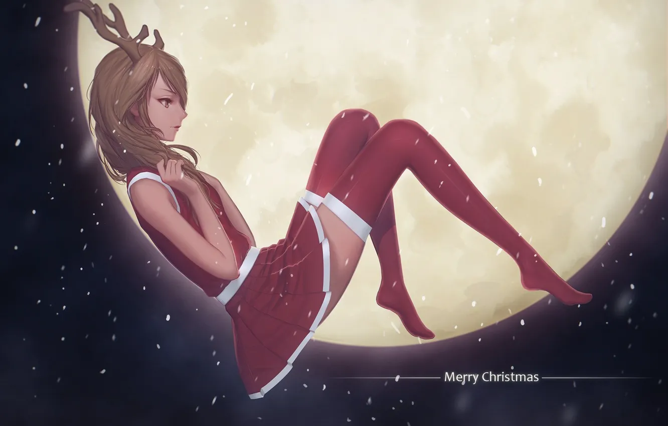 Photo wallpaper girl, the moon, Anime, merry christmas