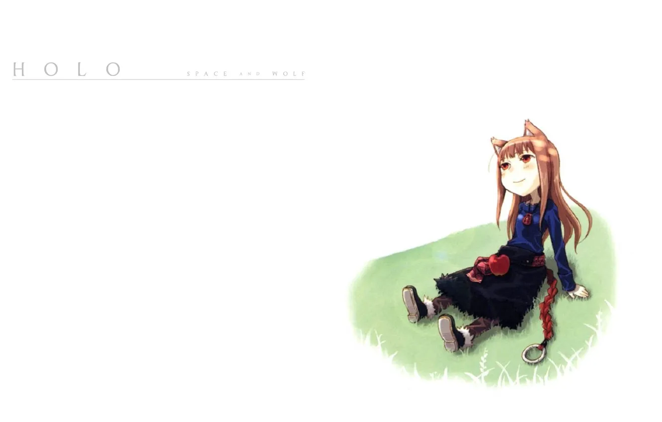 Photo wallpaper smile, Apple, white background, braid, sitting, ears, Spice and wolf, art