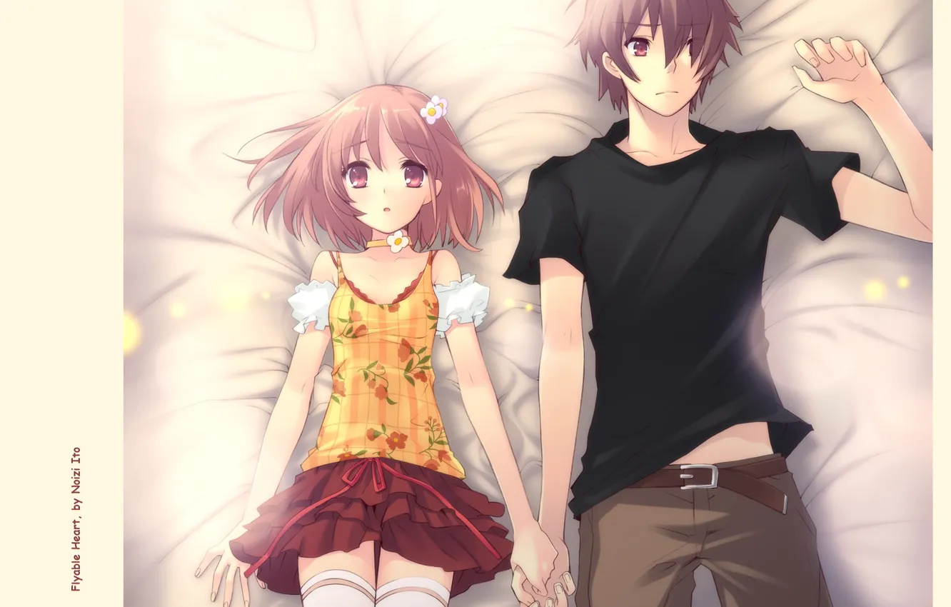 Photo wallpaper girl, bed, two, art, embarrassment, visual novel, noizi ito, flyable heart