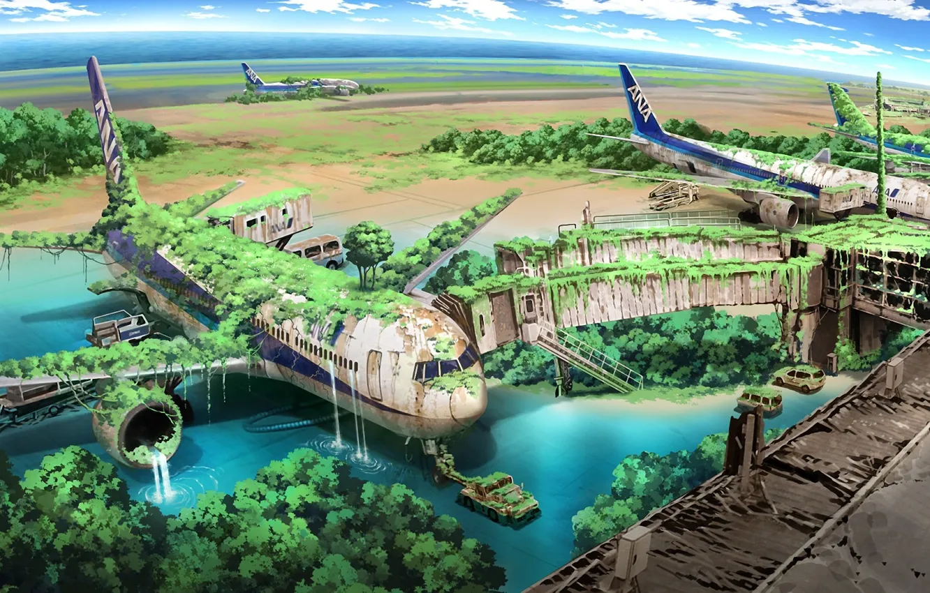 Photo wallpaper machine, water, thickets, waterfall, art, the ruins, airport, the plane