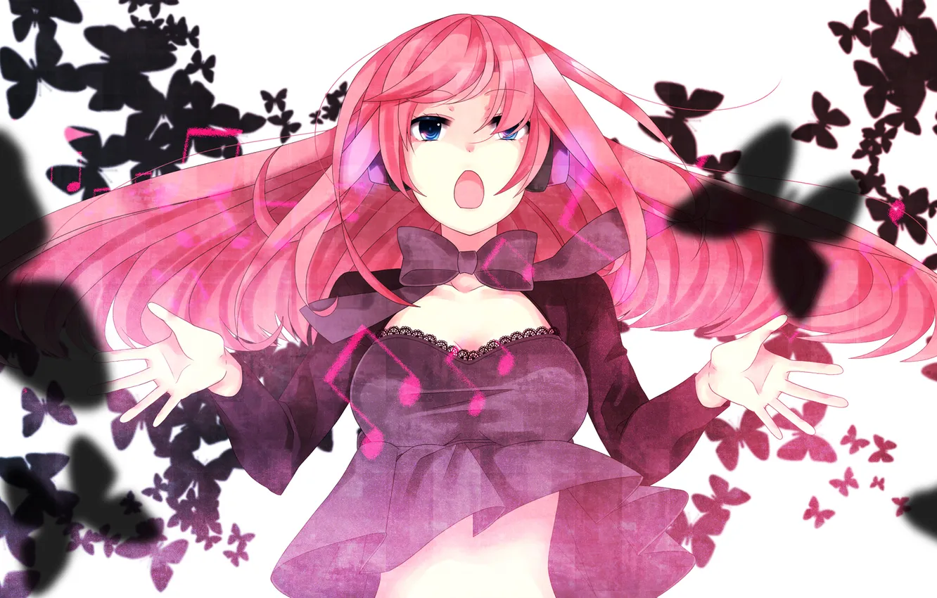 Photo wallpaper girl, notes, butterfly, headphones, art, vocaloid, megurine luka, Vocaloid