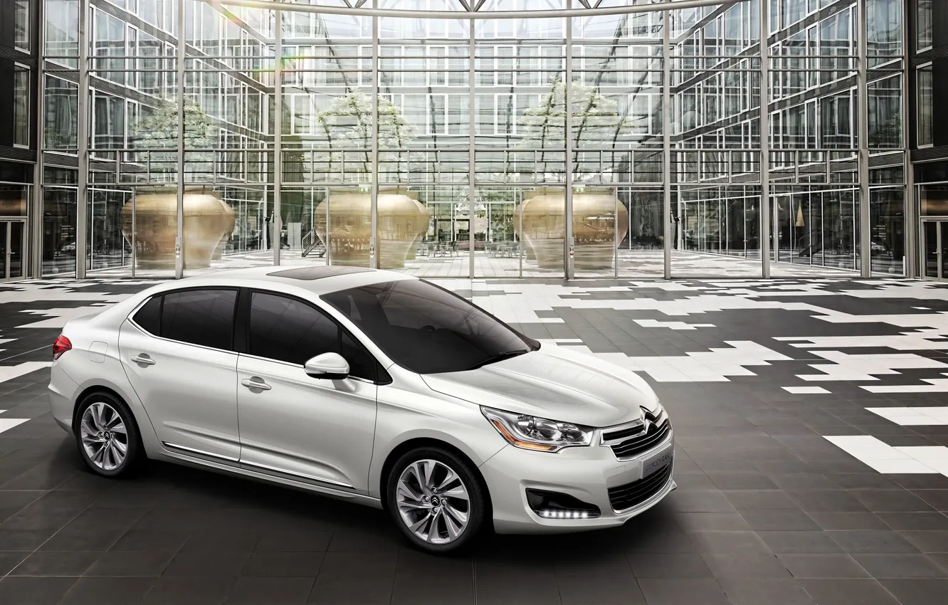 Photo wallpaper auto, white, building, Citroen, sedan, side view