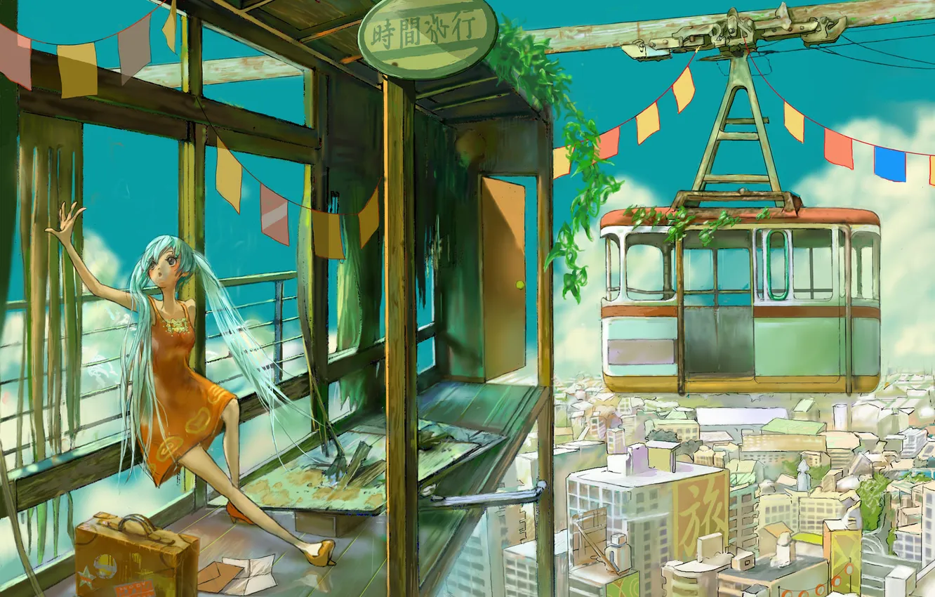 Photo wallpaper the city, vocaloid, hatsune miku, flags, lift, the funicular