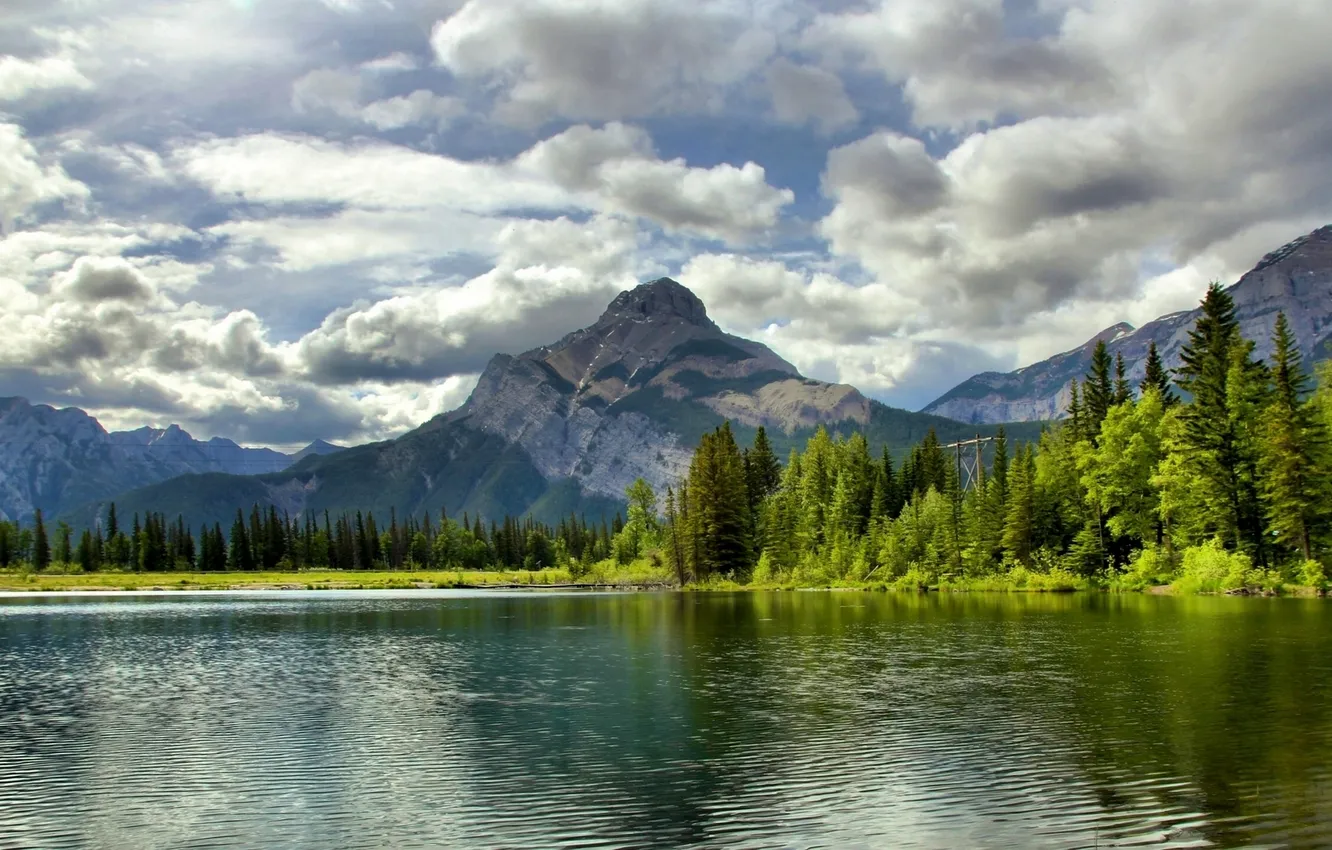Photo wallpaper forest, clouds, mountains, lake, Canada, Albert, Alberta, Canada