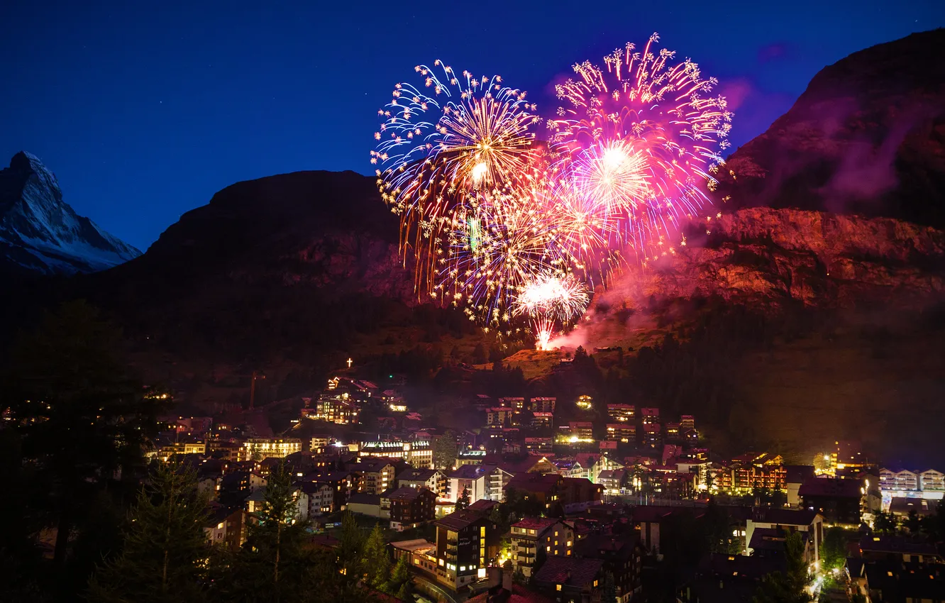 Photo wallpaper night, lights, Switzerland, the Matterhorn, fireworks, Klein Matterhorn, ski resort Zermatt, the centre of the …