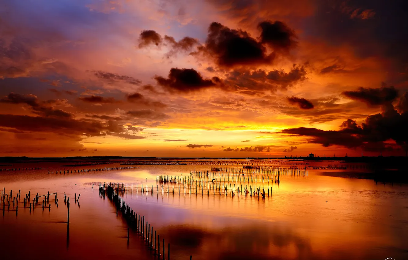 Photo wallpaper sea, clouds, sunset, a number, columns