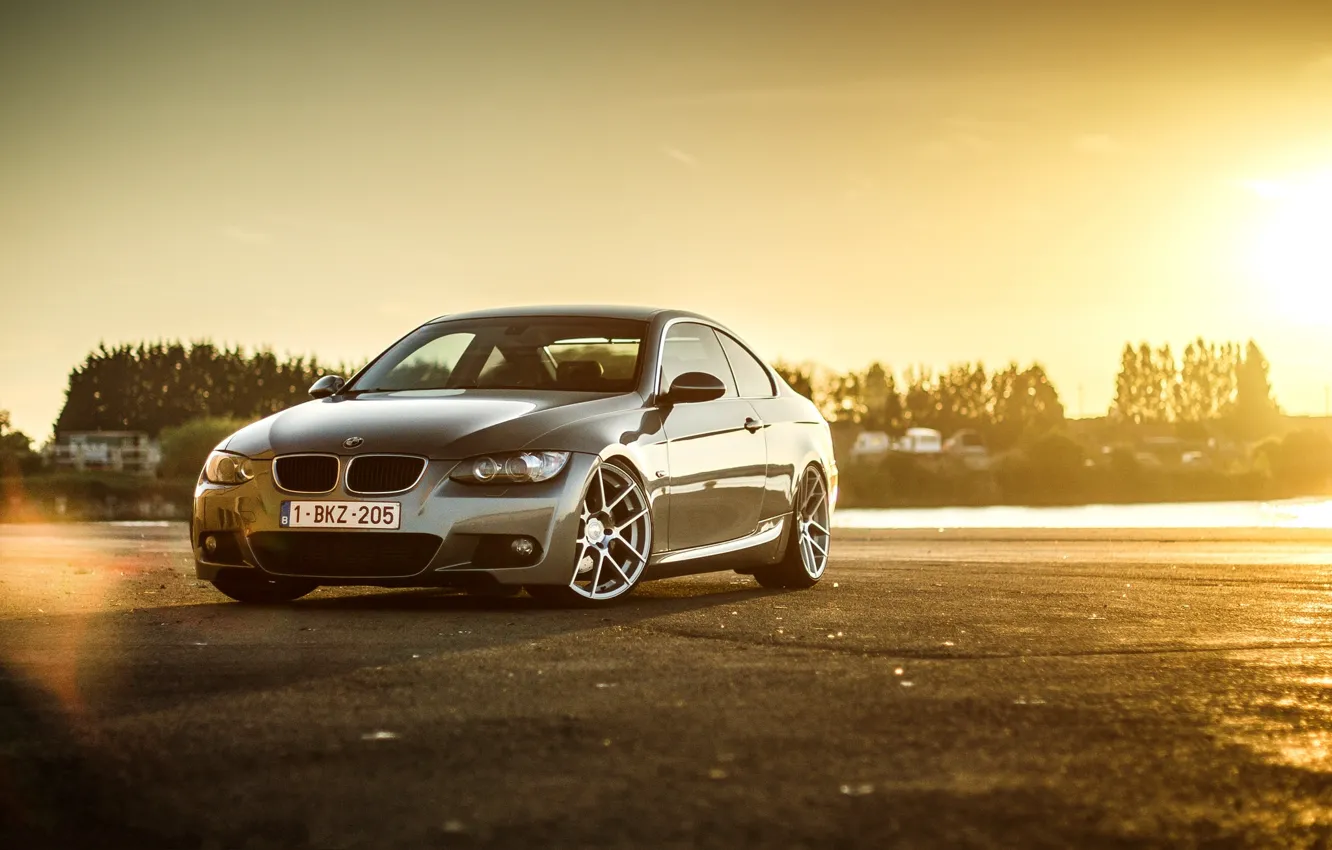 Photo wallpaper sunset, grey, bmw, BMW, coupe, grey, e92, 330d