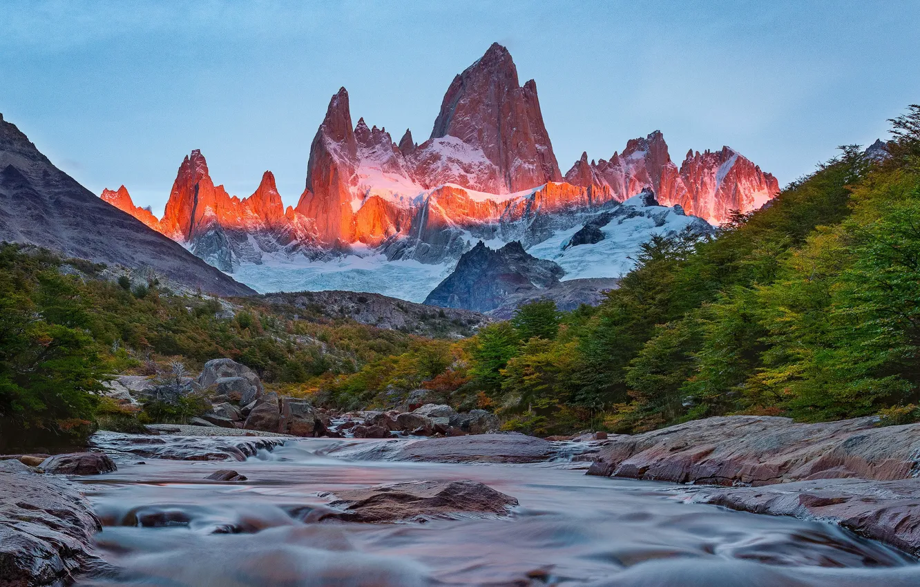 Photo wallpaper trees, mountains, river, peak, Argentina, Santa Cruz