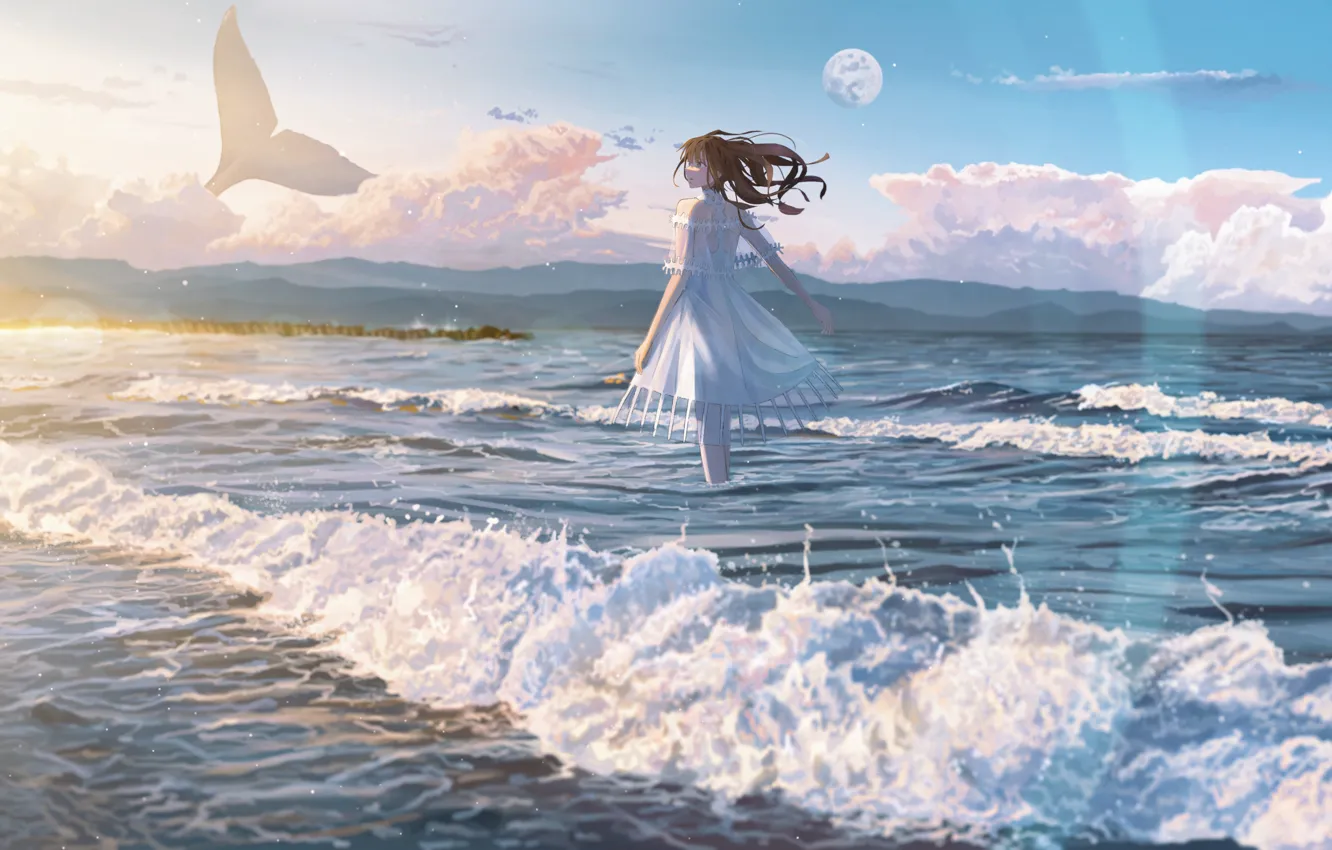 Photo wallpaper sea, girl, the moon, fantasy, kit