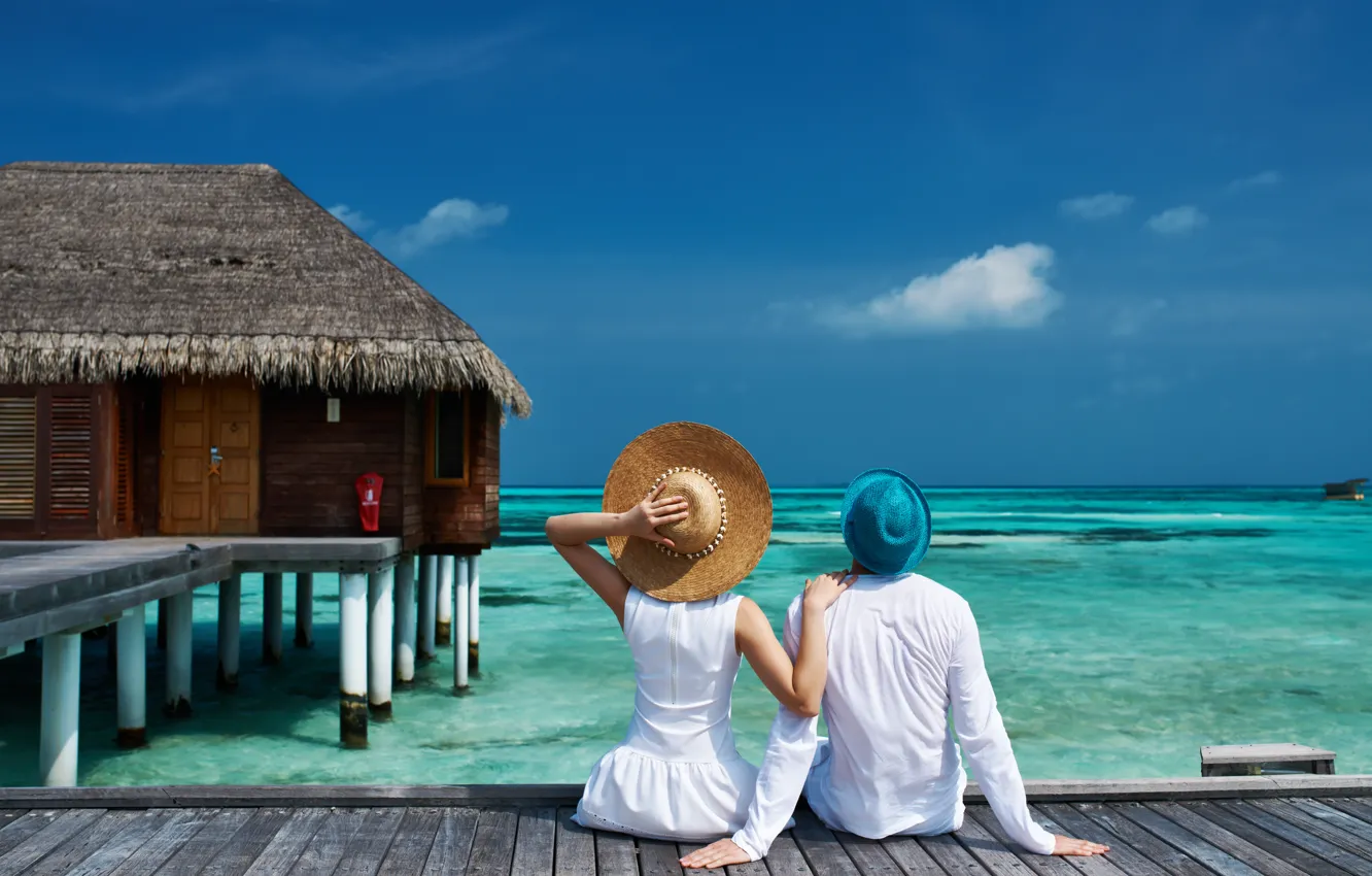 Photo wallpaper sea, girl, pier, house, guy