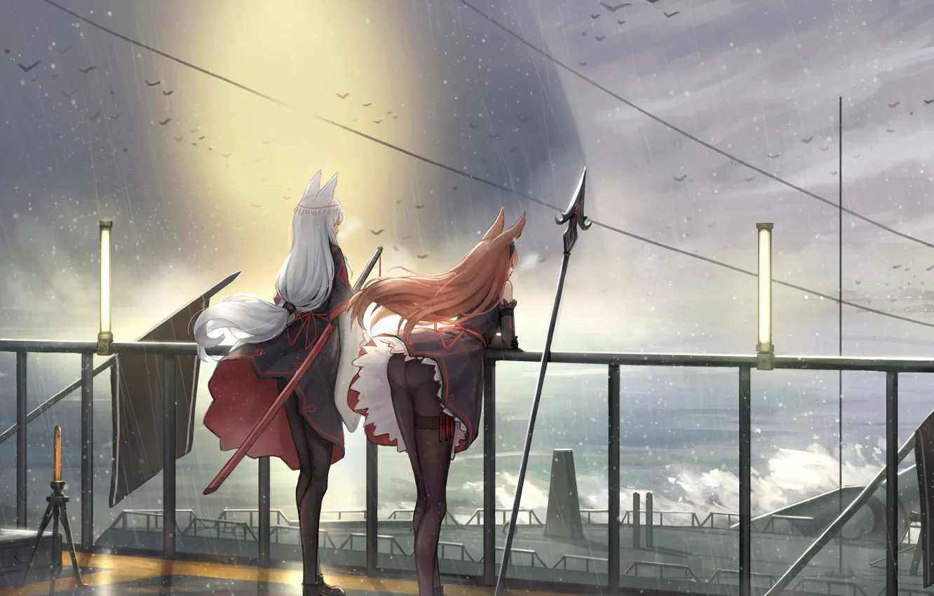 Photo wallpaper sea, girl, clouds, storm, rain, ship, spear, ears