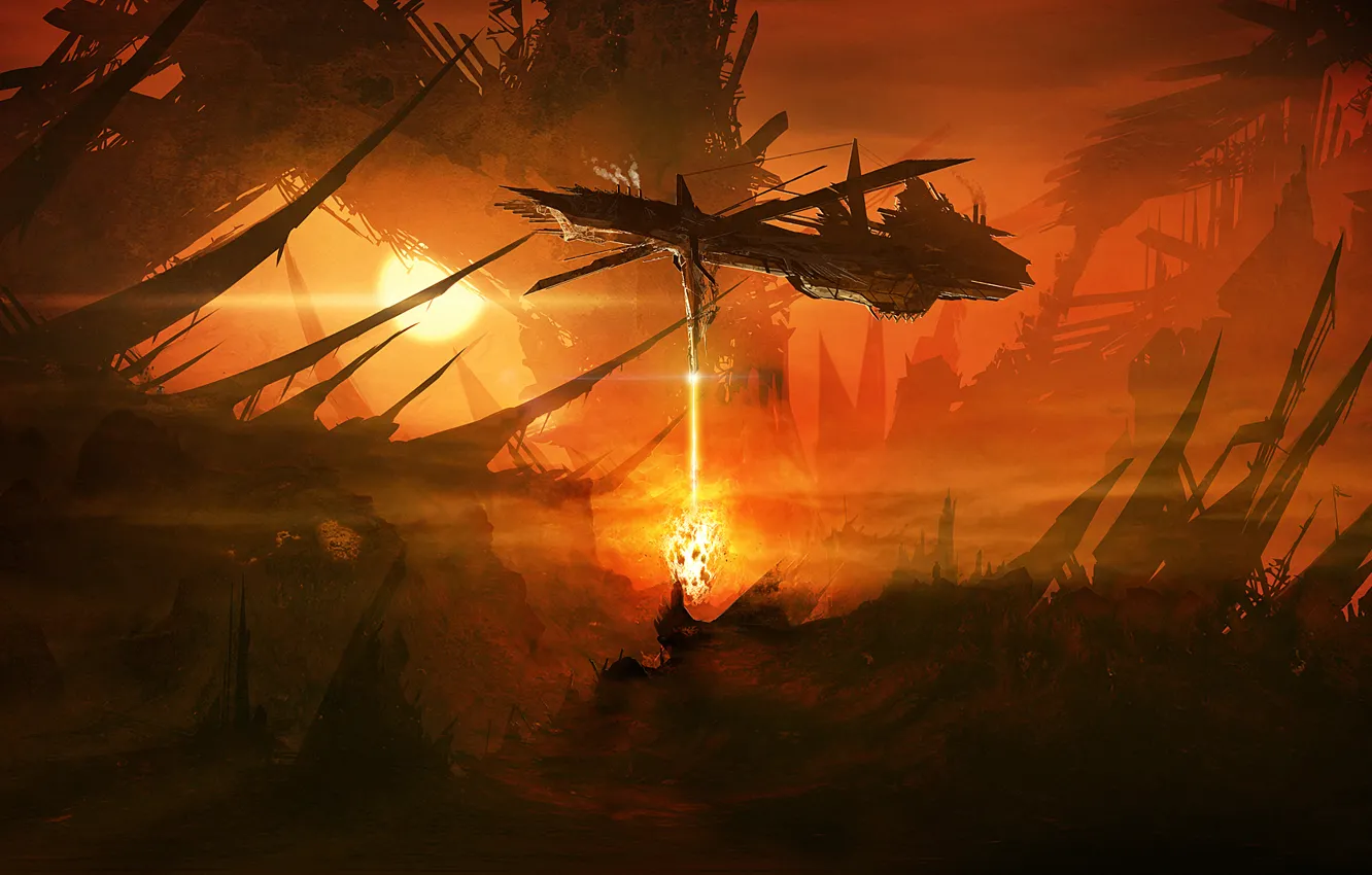 Photo wallpaper planet, spaceship, drill