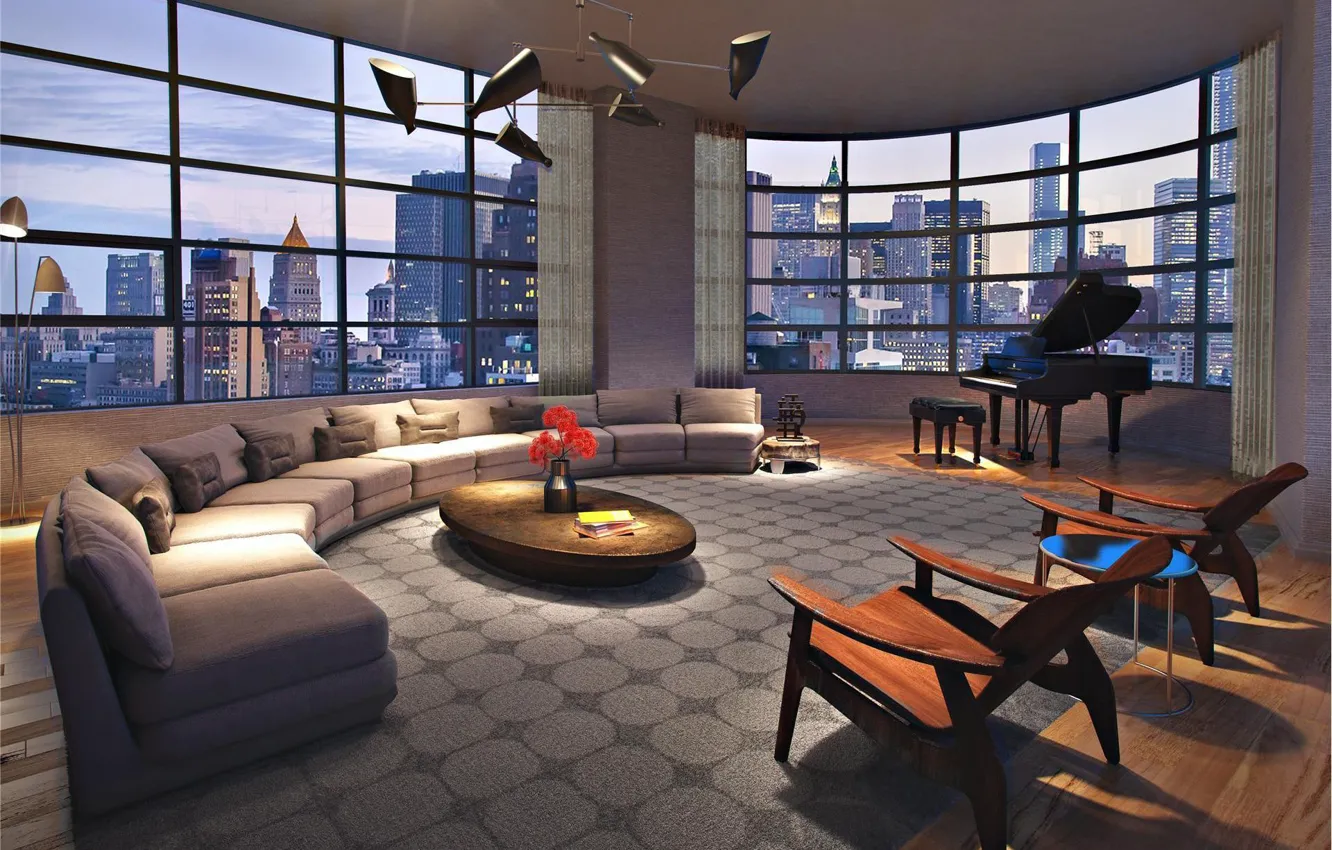 Photo wallpaper room, interior, piano, megapolis
