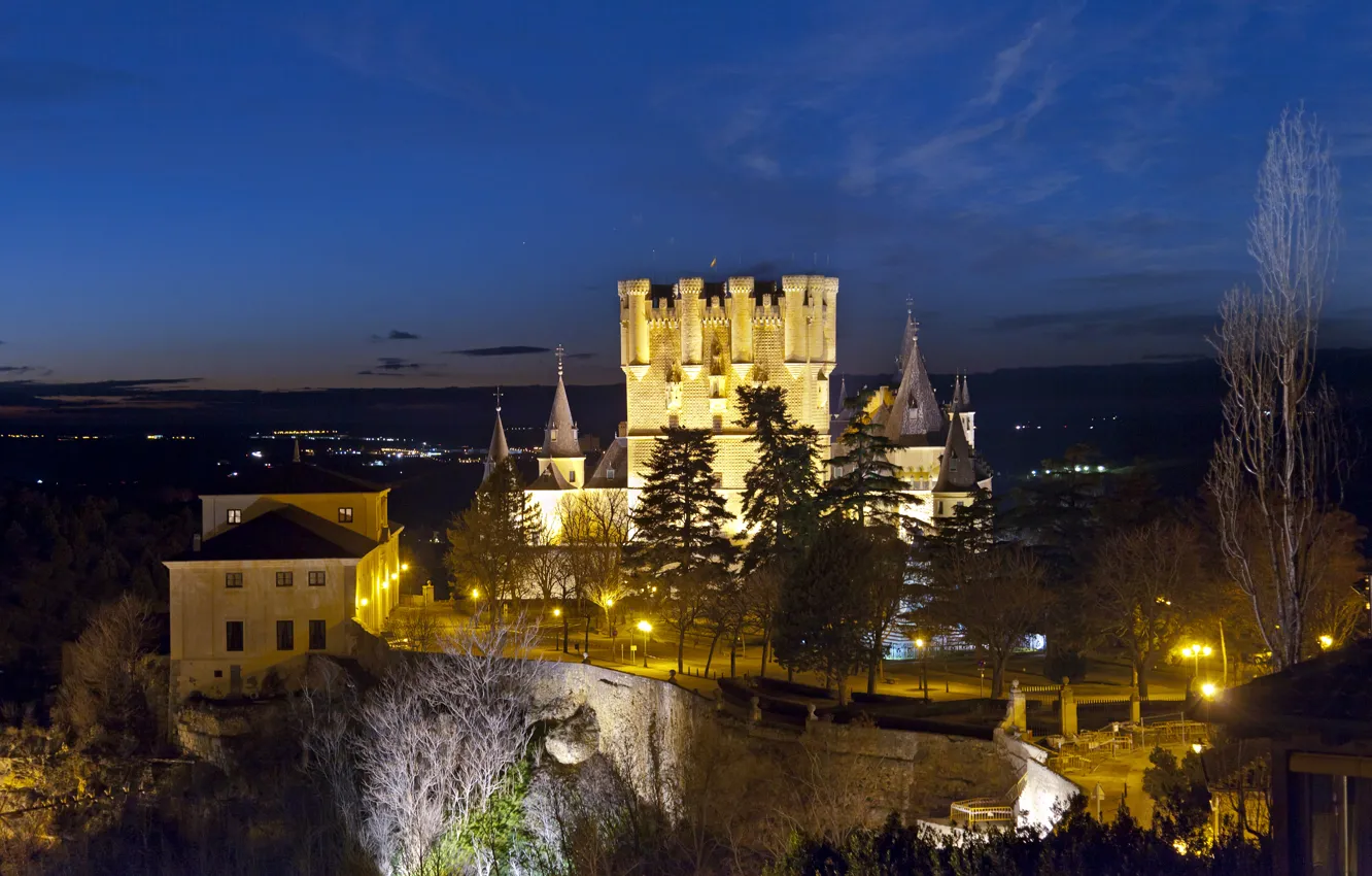 Photo wallpaper photo, Night, The city, Castle, Lights, Spain, Alcazar Segovia