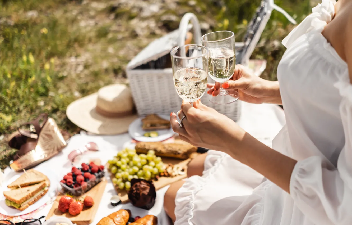 Photo wallpaper summer, girl, wine, food, glasses, picnic