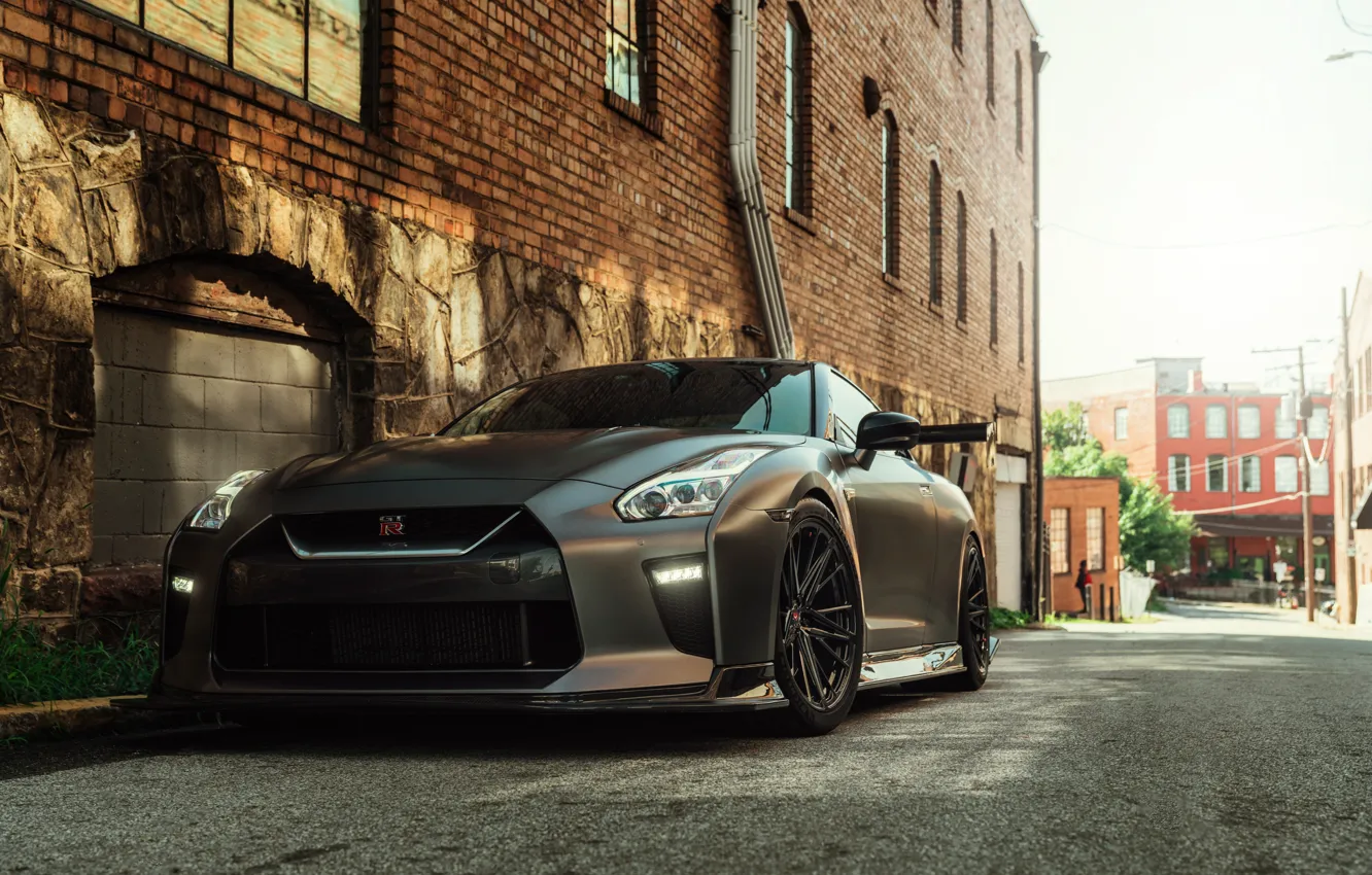 Photo wallpaper Nissan, Front, Grey, R35, Building, Road, Nissan GTR, Town