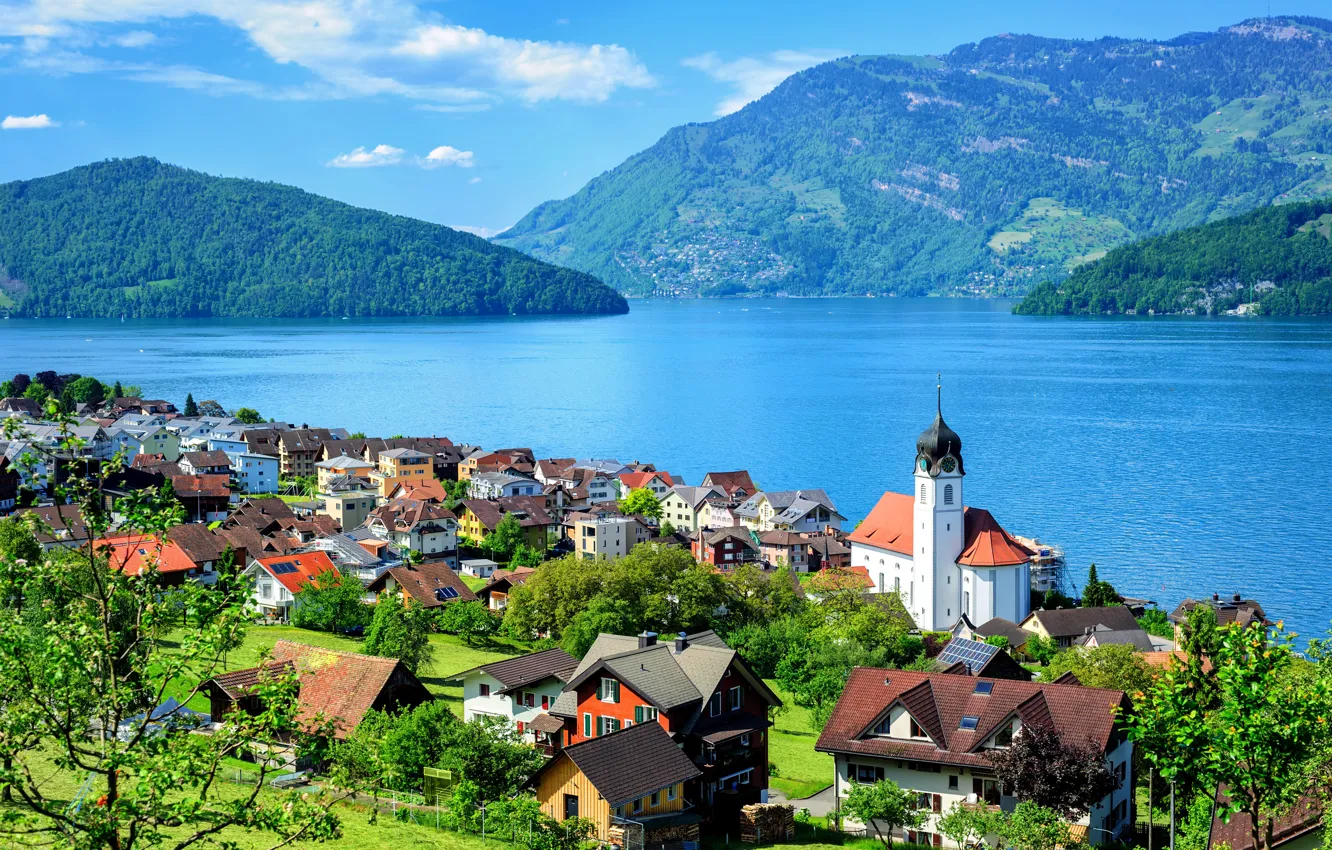 Photo wallpaper greens, the sun, clouds, trees, mountains, lake, Switzerland, houses