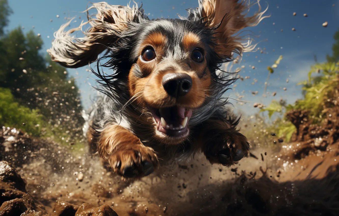 Photo wallpaper look, face, jump, dog, dirt, running, ears, front