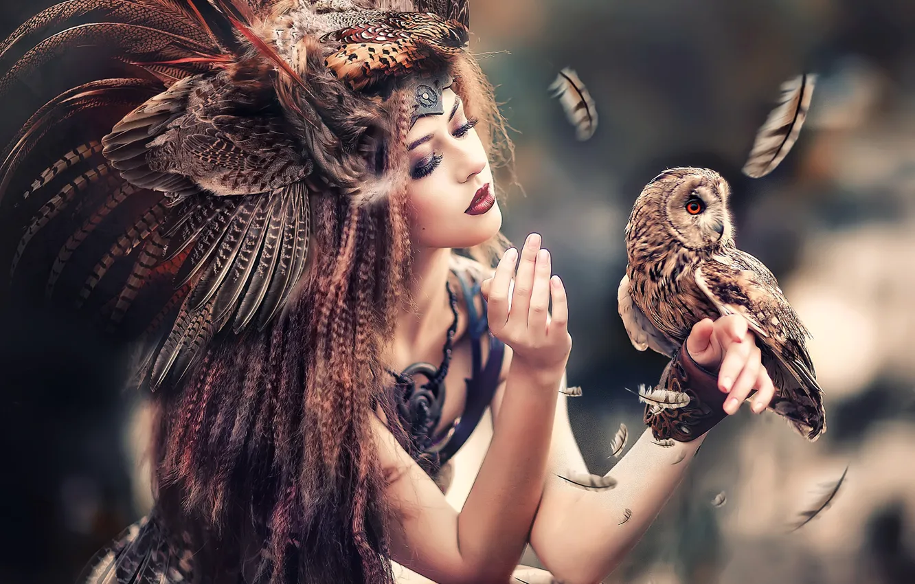 Photo wallpaper girl, face, pose, eyelashes, style, owl, bird, hair