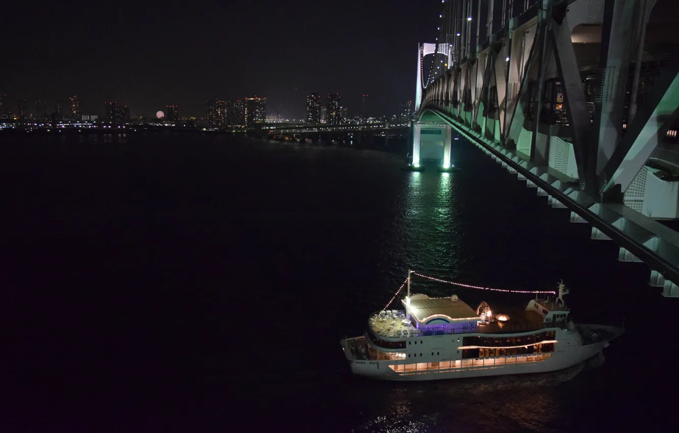 Photo wallpaper night, bridge, skyscrapers, Japan, Tokyo, boat
