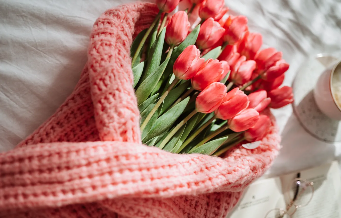 Photo wallpaper light, flowers, bouquet, spring, scarf, glasses, Cup, bed